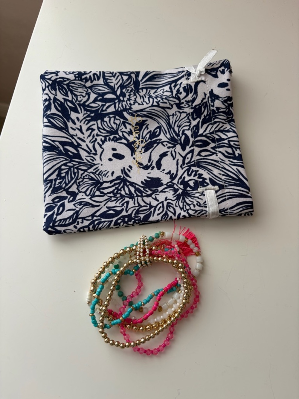 Lilly Pulitzer Multicolor Beaded Bracelet Set with Navy Floral Pouch